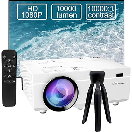 Mini Full HD 1080P 10000 Lumen Beamer Unterstützung 4K Video, LED Heimkino, 300 '' Display,LCD, kompatibel mit Laptop, TV-Stick, HDMI, VGA, USB, VG, iPhone, Smartphone